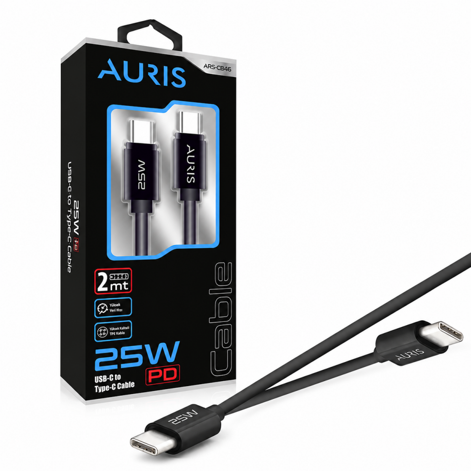 Auris ARS-CB46 – 25W PD Hızlı Şarj USB-C to USB-C Kablo 2 Metre