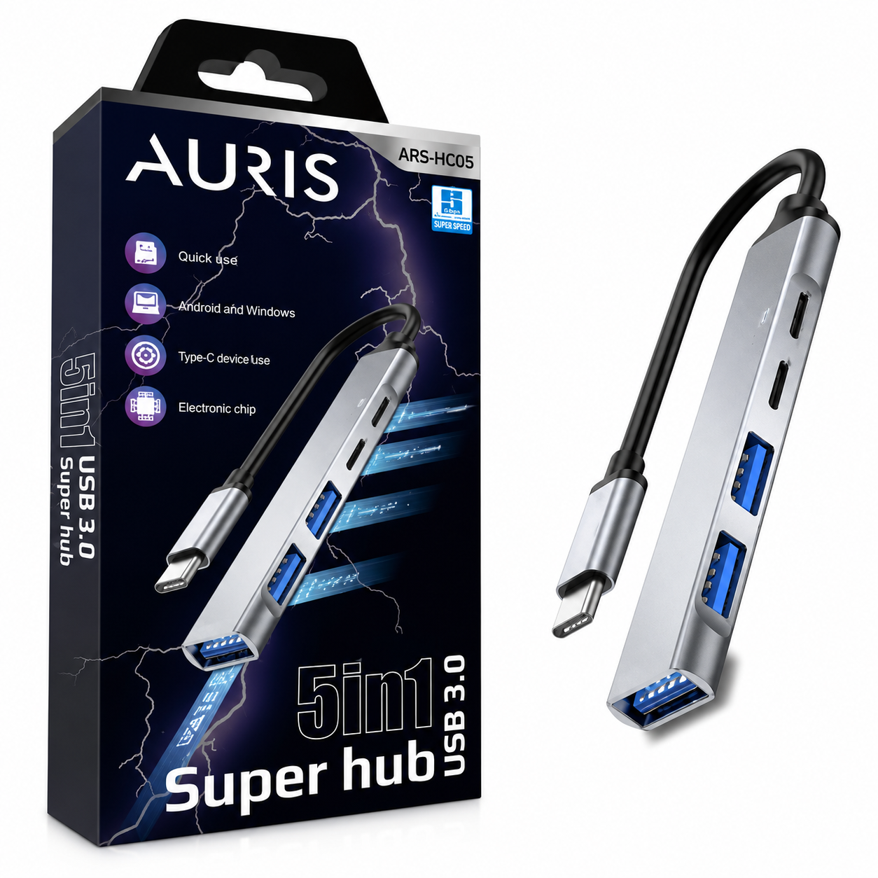 Auris 5-in-1 USB-C Super Hub USB 3.0 - Hızlı ve Çok Yönlü Çözüm