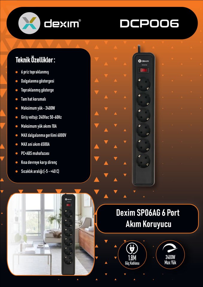 Dexim DCP006 6’lı Akım Korumalı Priz