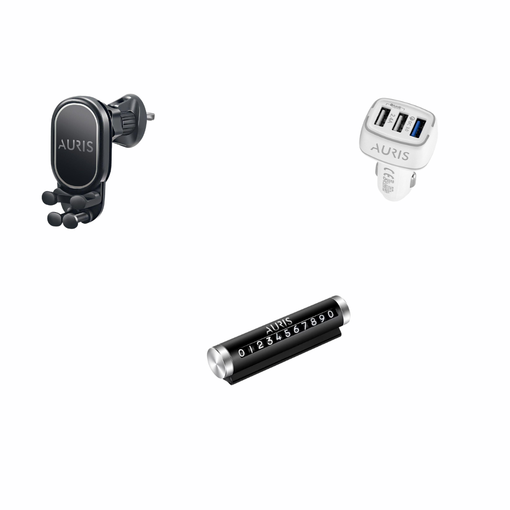 AURIS Araç İçi 3’lü Set – Telefon Tutucu + Çift USB Araç Şarj Cihazı + Park Numaratör