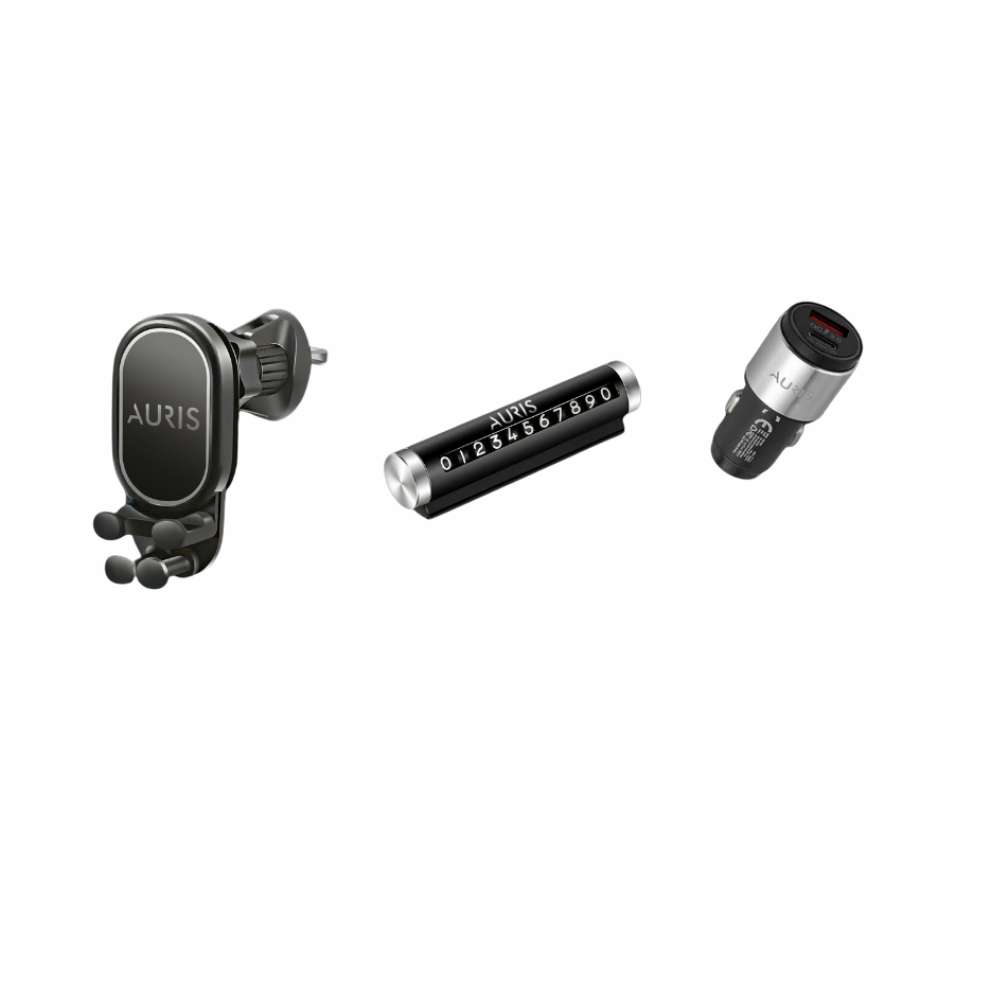 AURIS Araç İçi 3’lü Set – Telefon Tutucu + Çift USB Araç Şarj Cihazı + Park Numaratör