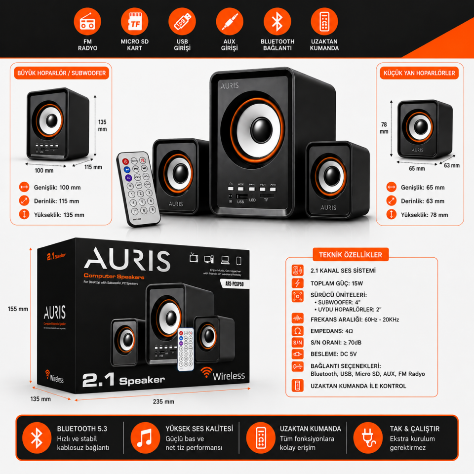 AURIS ARS-PCSP50 2.1 Wireless Bilgisayar Ses Sistemi