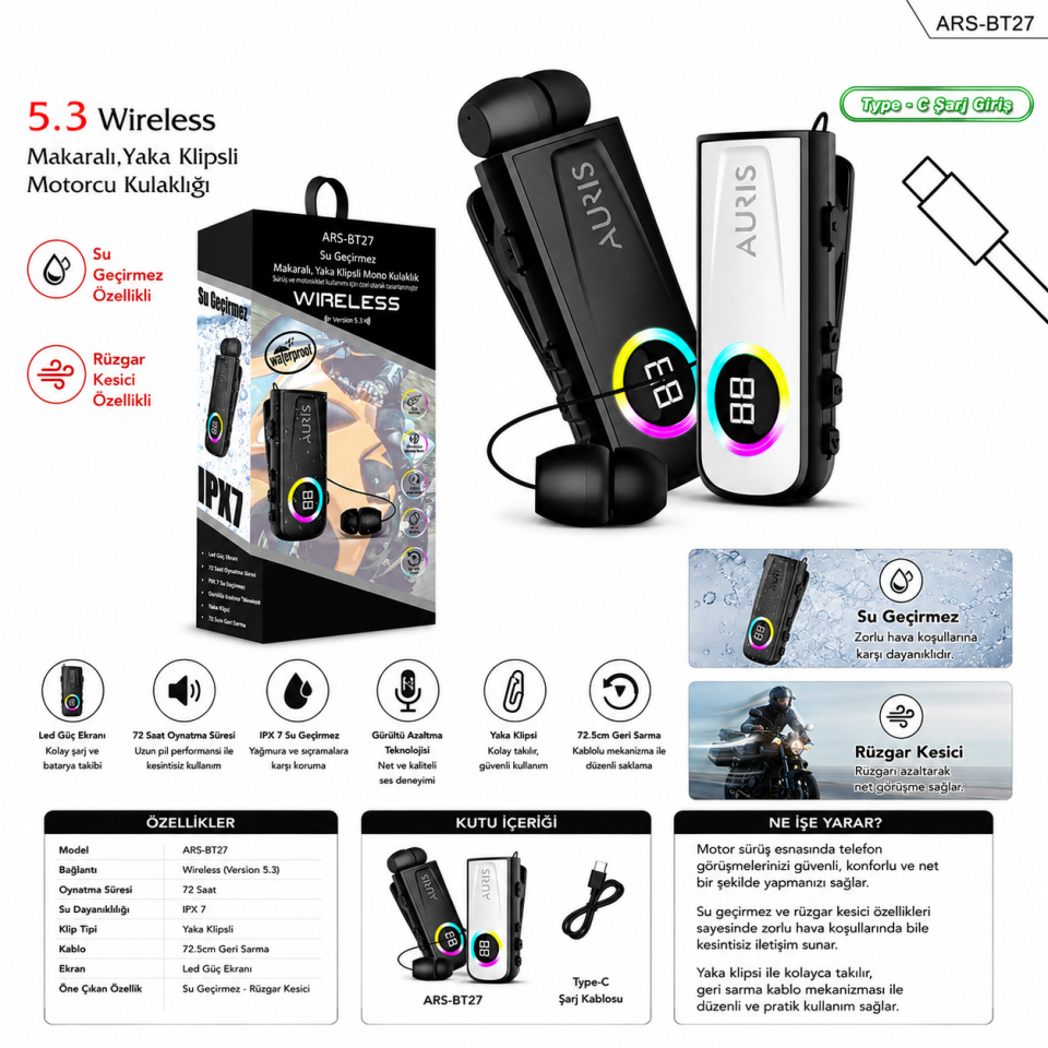 Auris ARS-BT27 – 5.3 Wireless Makaralı Yaka Klipsli Motorcu Kulaklığı