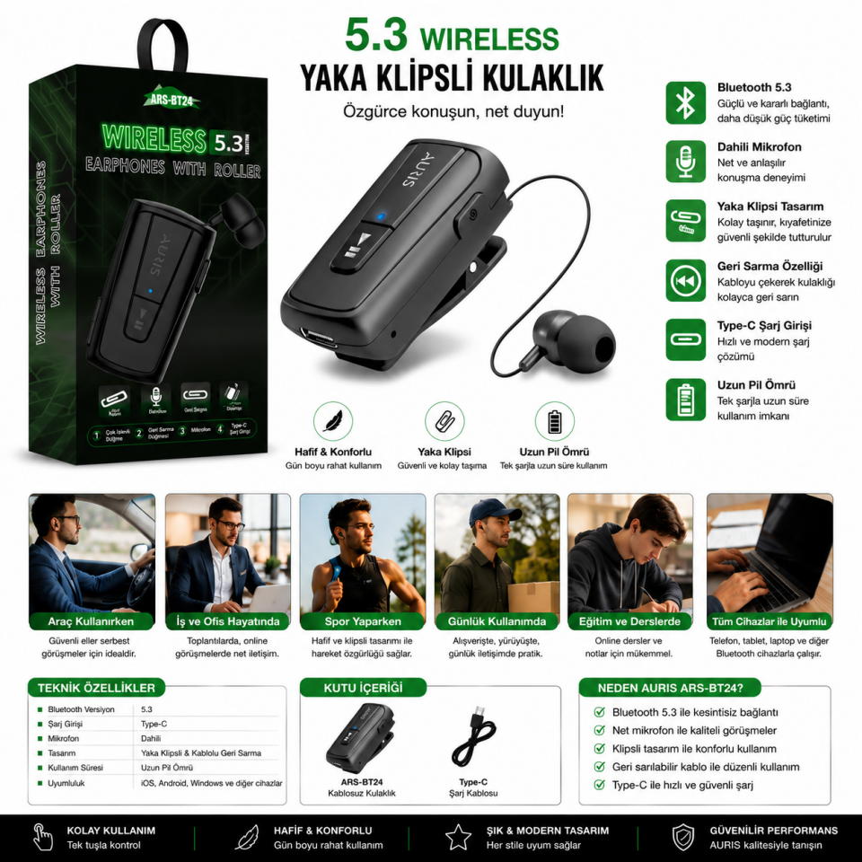 AURIS ARS-BT24 Bluetooth 5.3 Yaka Klipsli Kulaklık