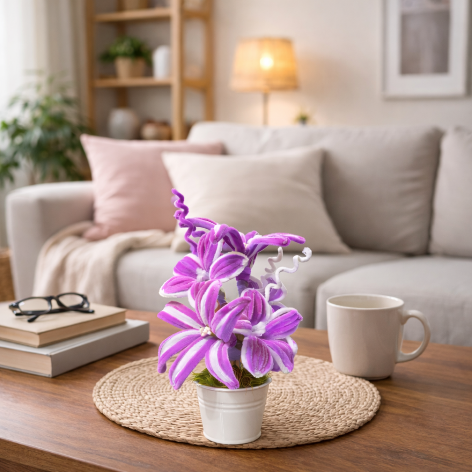 Dekoratif Şönil Yapay Çiçek – Mor & Beyaz Zarafet