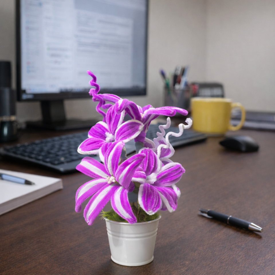 Dekoratif Şönil Yapay Çiçek – Mor & Beyaz Zarafet