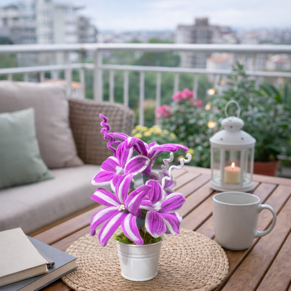 Dekoratif Şönil Yapay Çiçek – Mor & Beyaz Zarafet