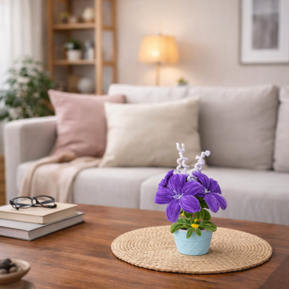 Dekoratif Şönil Yapay Çiçek – Saksılı Mor Tasarım