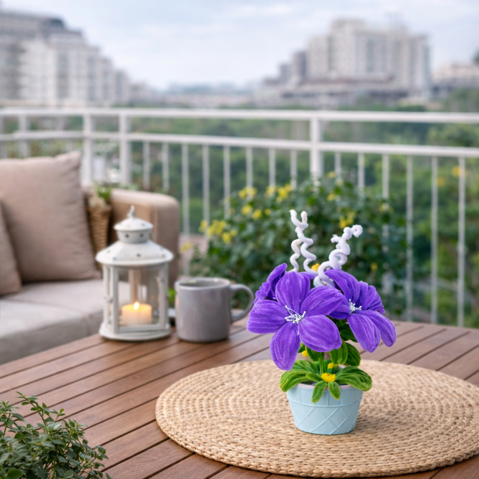 Dekoratif Şönil Yapay Çiçek – Saksılı Mor Tasarım