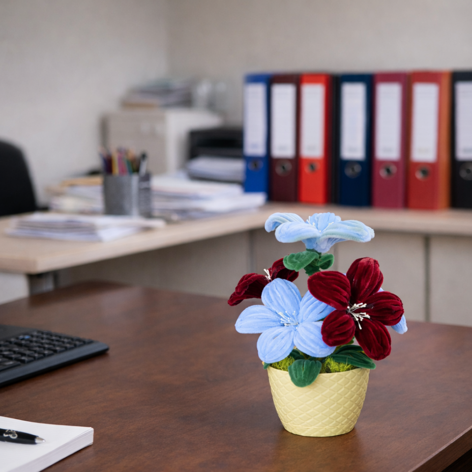 Dekoratif Şönil Yapay Çiçek – Kırmızı & Mavi Renkli Saksılı Tasarım