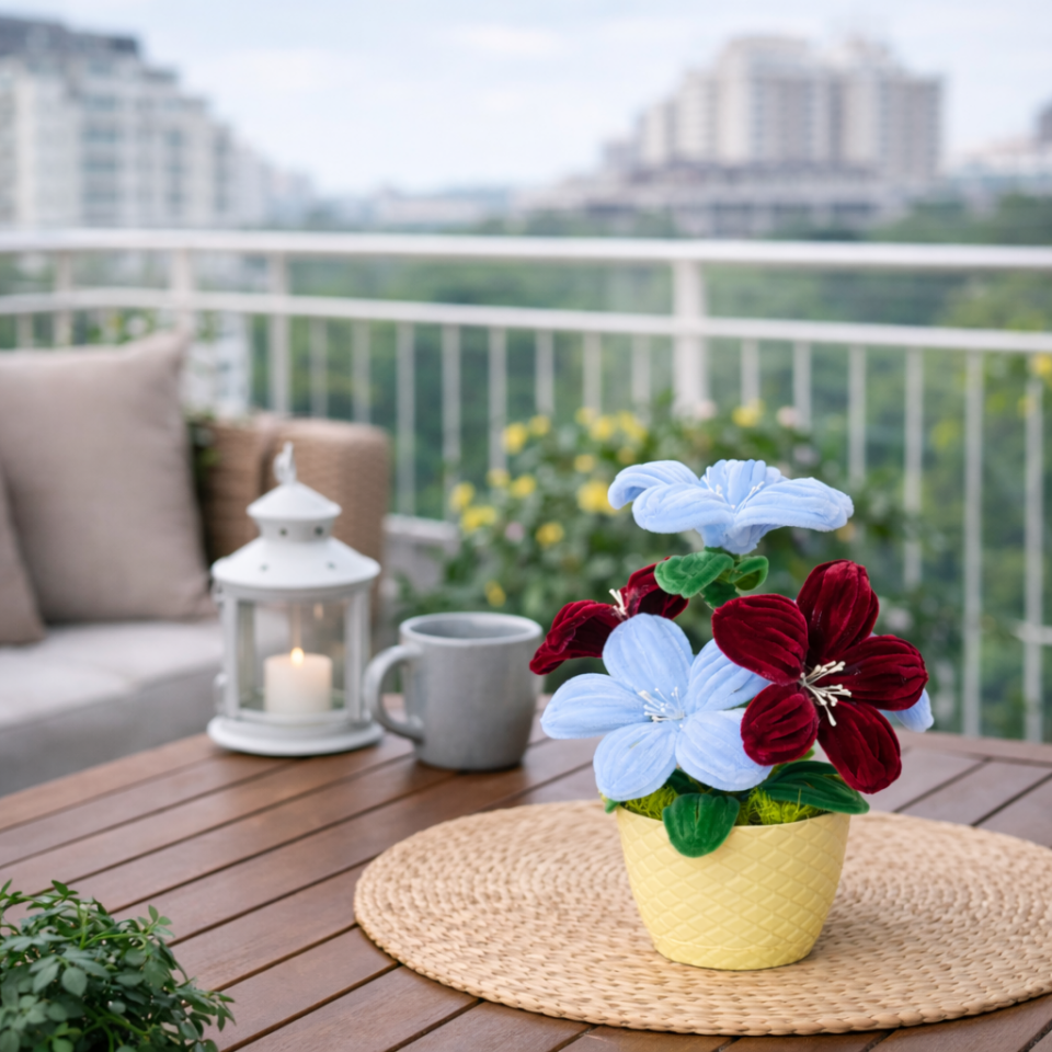 Dekoratif Şönil Yapay Çiçek – Kırmızı & Mavi Renkli Saksılı Tasarım