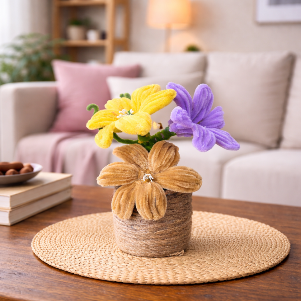 Dekoratif Şönil Yapay Çiçek – Hasır Saksılı Çok Renkli Tasarım