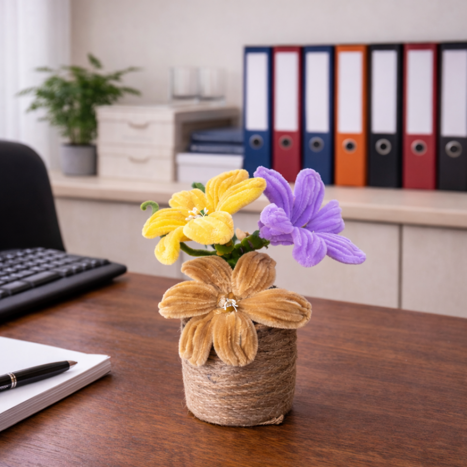 Dekoratif Şönil Yapay Çiçek – Hasır Saksılı Çok Renkli Tasarım