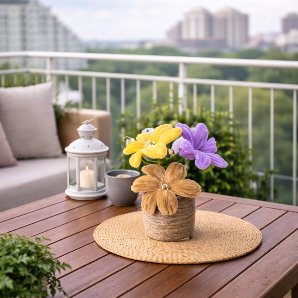 Dekoratif Şönil Yapay Çiçek – Hasır Saksılı Çok Renkli Tasarım