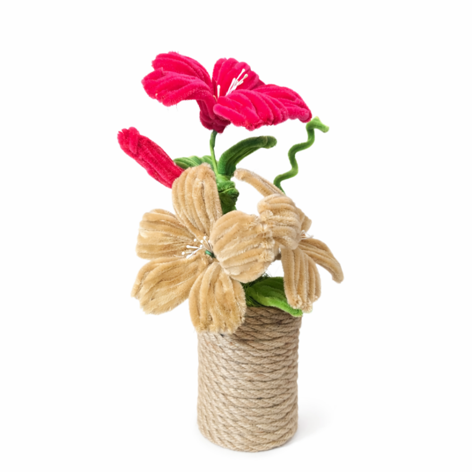 Dekoratif Şönil Yapay Çiçek – Hasır İpli Saksılı Kırmızı & Bej Tasarım
