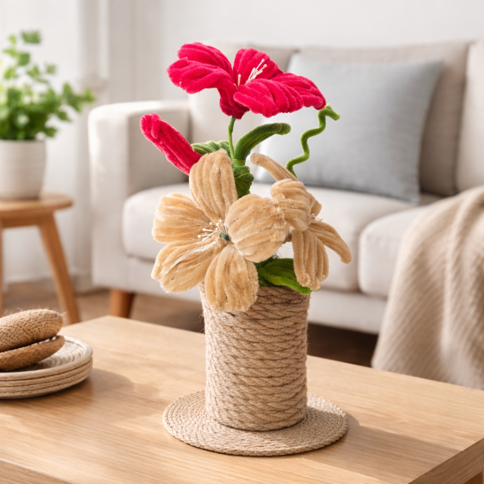 Dekoratif Şönil Yapay Çiçek – Hasır İpli Saksılı Kırmızı & Bej Tasarım