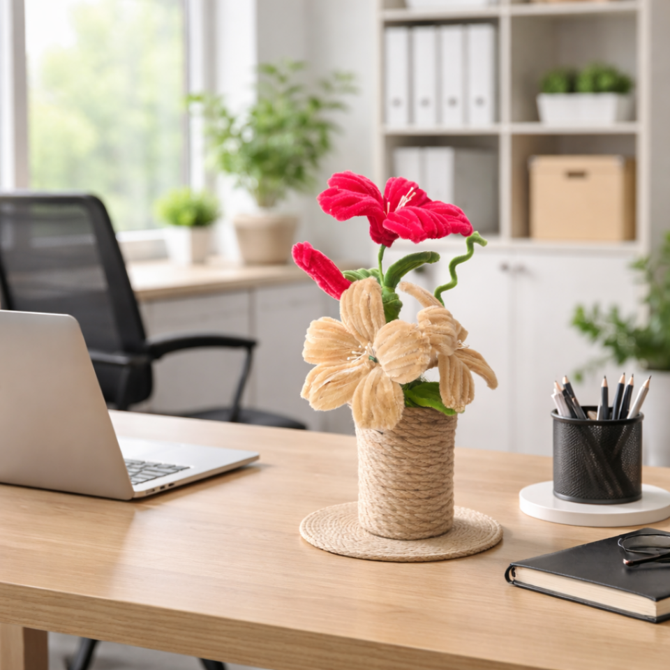 Dekoratif Şönil Yapay Çiçek – Hasır İpli Saksılı Kırmızı & Bej Tasarım