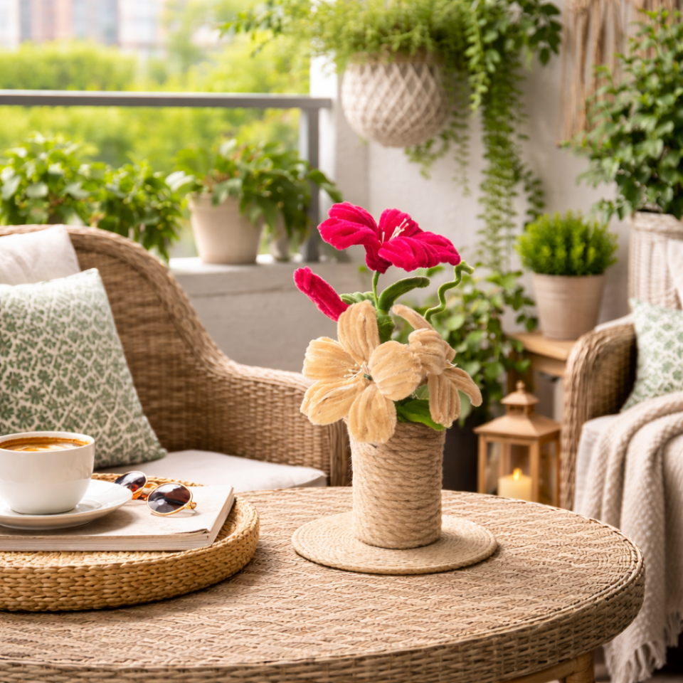 Dekoratif Şönil Yapay Çiçek – Hasır İpli Saksılı Kırmızı & Bej Tasarım