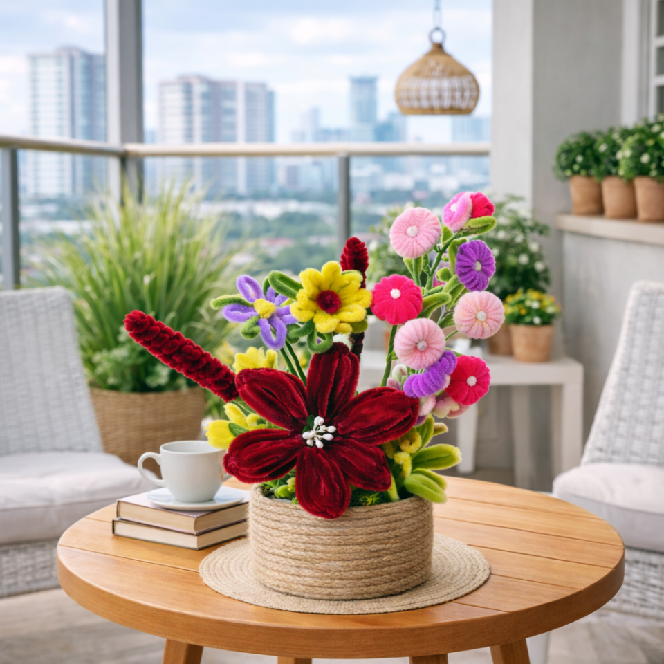 Dekoratif Şönil Yapay Çiçek – Renkli El Yapımı Tasarım