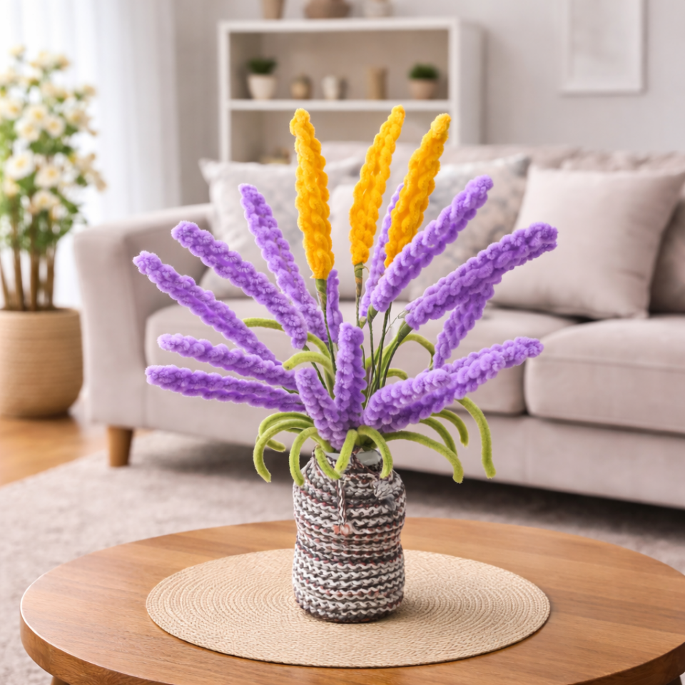 Dekoratif Şönil Yapay Çiçek – Mor & Sarı Canlı Tasarım