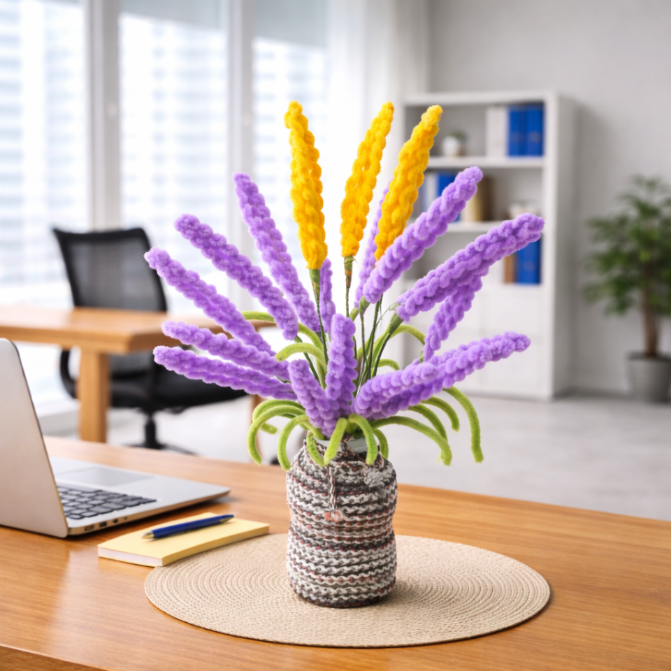 Dekoratif Şönil Yapay Çiçek – Mor & Sarı Canlı Tasarım