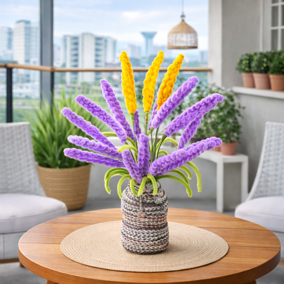 Dekoratif Şönil Yapay Çiçek – Mor & Sarı Canlı Tasarım