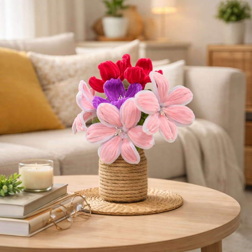 Dekoratif Şönil Yapay Çiçek – El Yapımı Renkli Tasarım