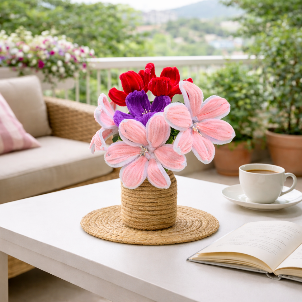 Dekoratif Şönil Yapay Çiçek – El Yapımı Renkli Tasarım