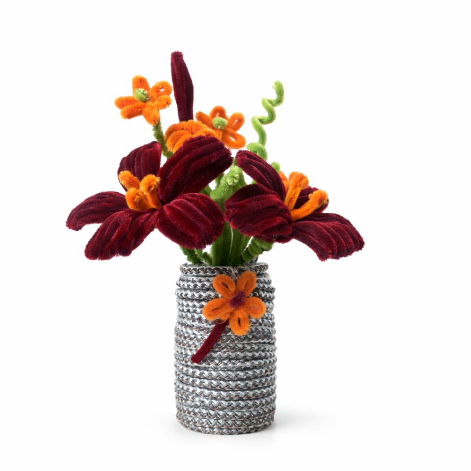 Dekoratif Şönil Yapay Çiçek – Bordo & Turuncu El Yapımı Tasarım