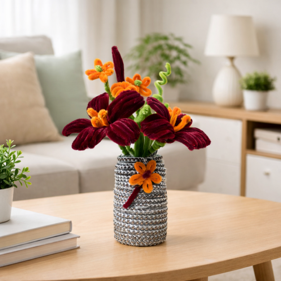 Dekoratif Şönil Yapay Çiçek – Bordo & Turuncu El Yapımı Tasarım