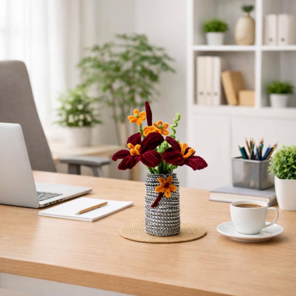 Dekoratif Şönil Yapay Çiçek – Bordo & Turuncu El Yapımı Tasarım