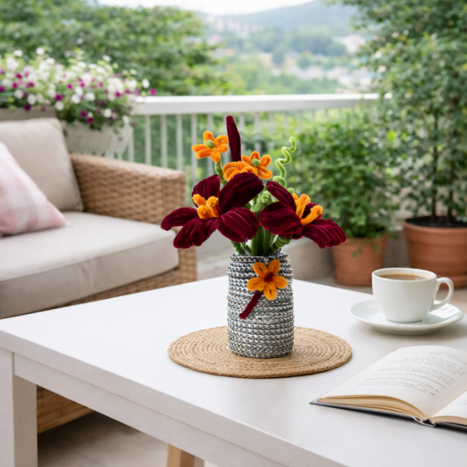 Dekoratif Şönil Yapay Çiçek – Bordo & Turuncu El Yapımı Tasarım