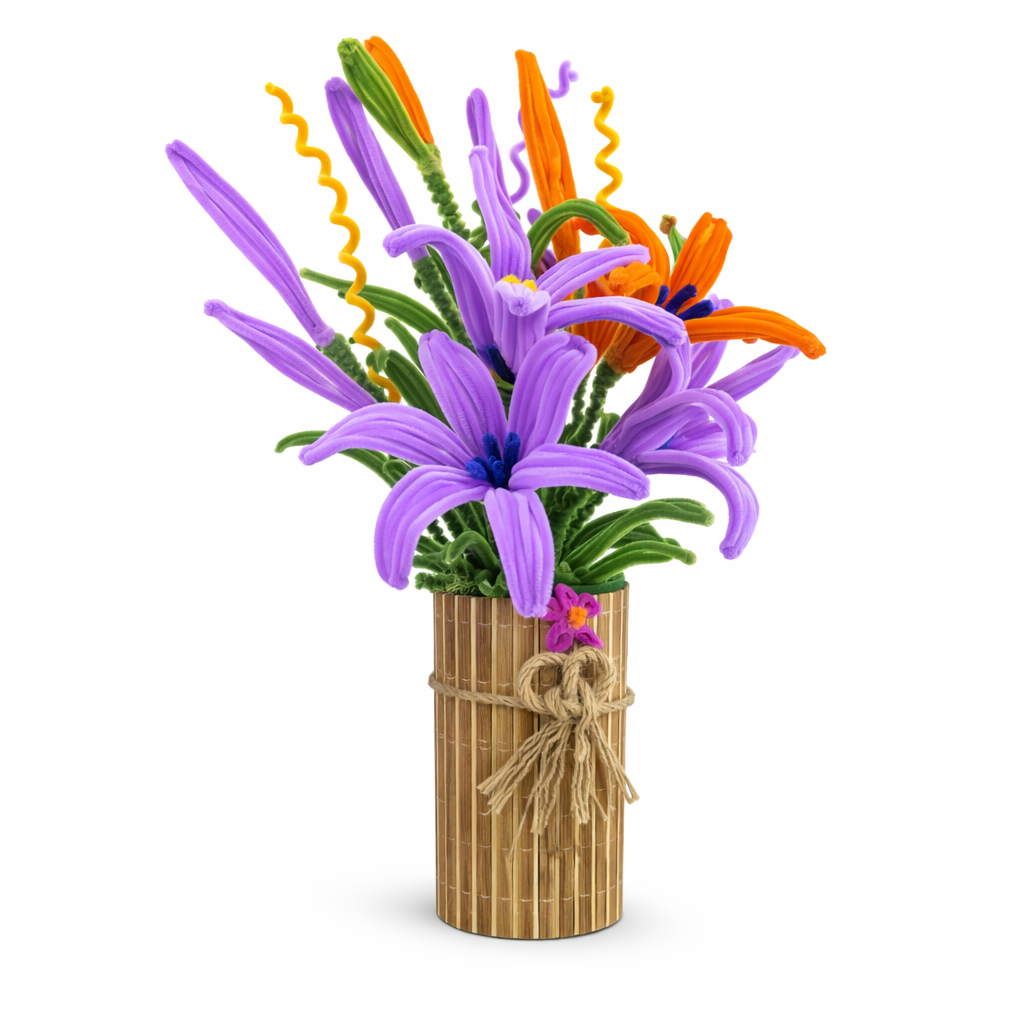 El Yapımı Şönil Yapay Çiçek – Bordo & Turuncu Dekoratif Tasarım