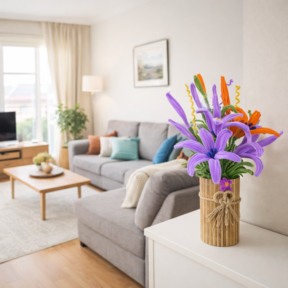 El Yapımı Şönil Yapay Çiçek – Bordo & Turuncu Dekoratif Tasarım