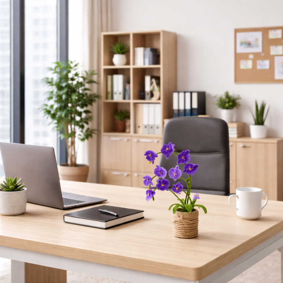 Dekoratif Şönil Yapay Çiçek – Saksılı, Mor Çiçekli Şık Tasarım