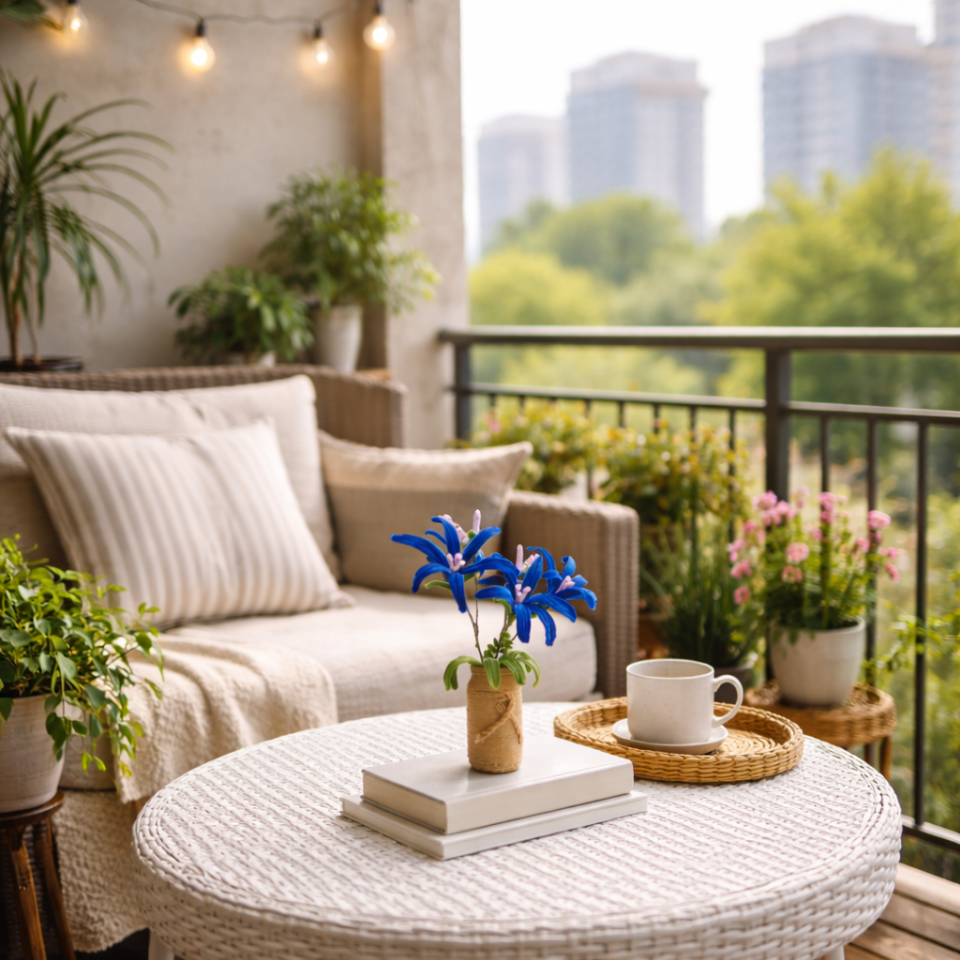 Dekoratif Şönil Yapay Çiçek – Saksılı Mavi Zarafet