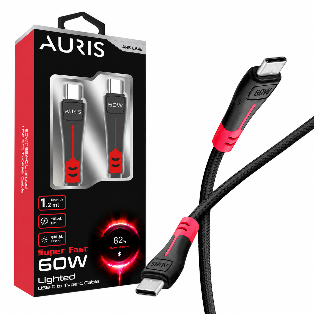AURIS ARS-CB48 60W USB-C to Type-C Süper Hızlı Şarj Kablosu (Örgü - Işıklı)