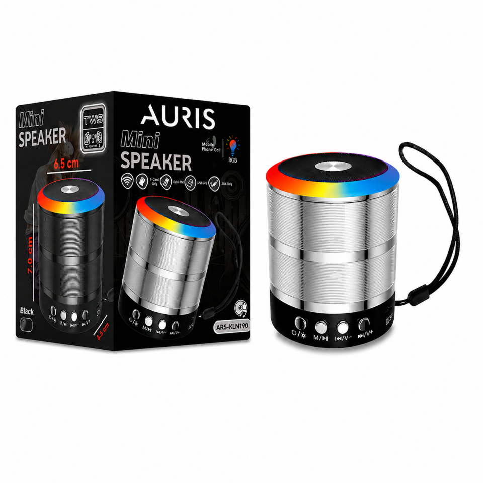 AURIS ARS-KLN190 RGB Işıklı Mini Bluetooth Hoparlör – TWS Destekli Taşınabilir Speaker
