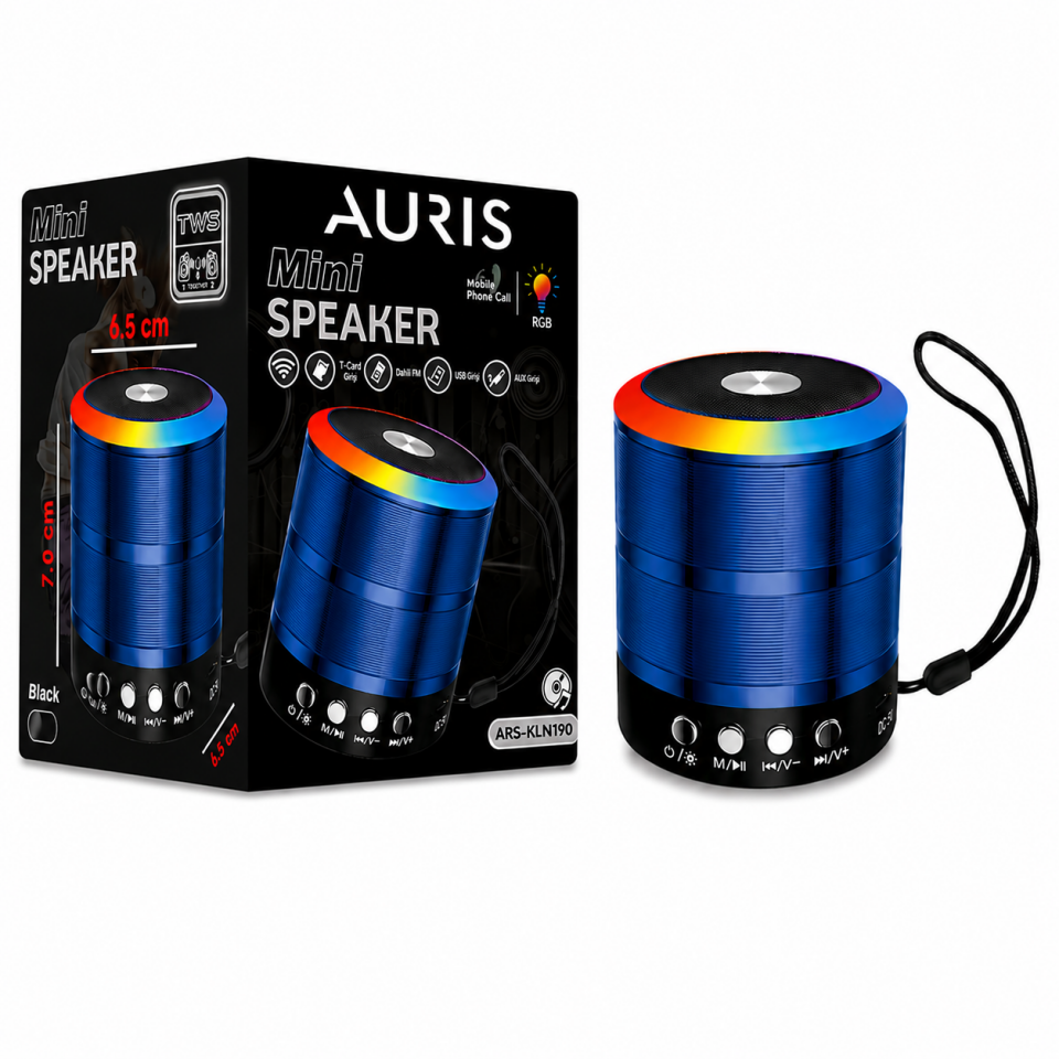 AURIS ARS-KLN190 RGB Işıklı Mini Bluetooth Hoparlör – TWS Destekli Taşınabilir Speaker