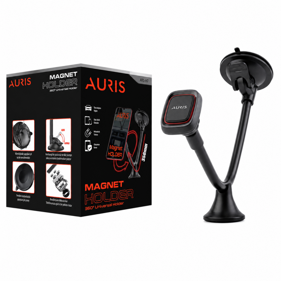 AURIS ARS-H7 360° Cam Vantuzlu Manyetik Araç İçi Telefon Tutucu
