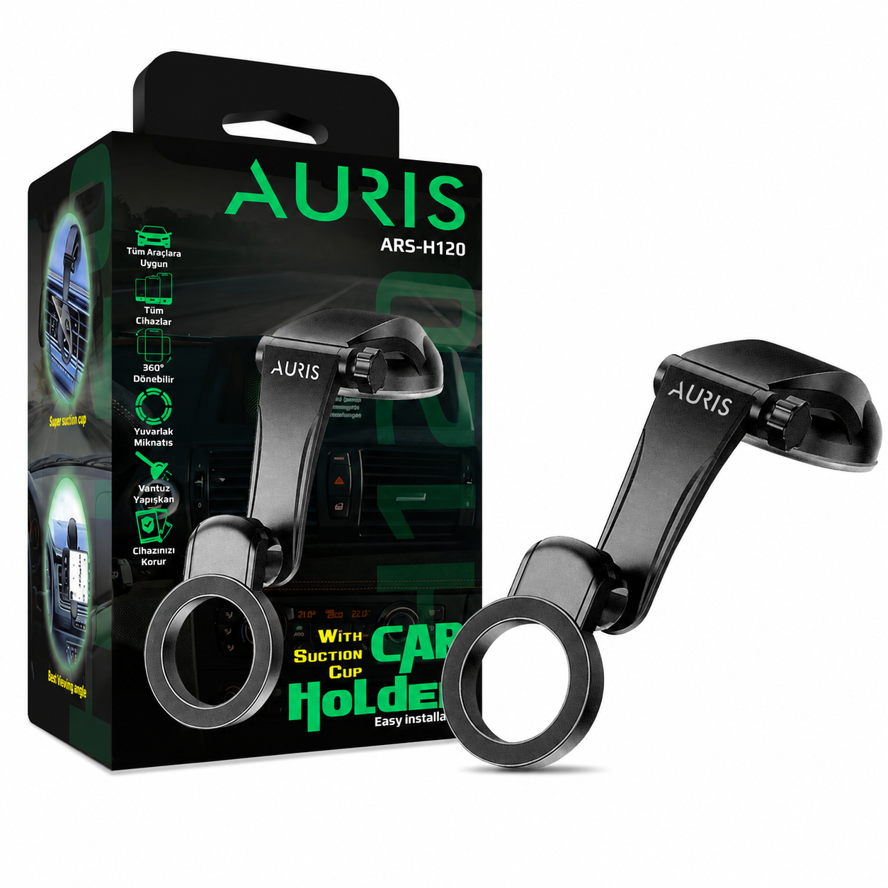 AURIS ARS-H120 360° Dönen Başlıklı Vantuzlu Araç İçi Telefon Tutucu