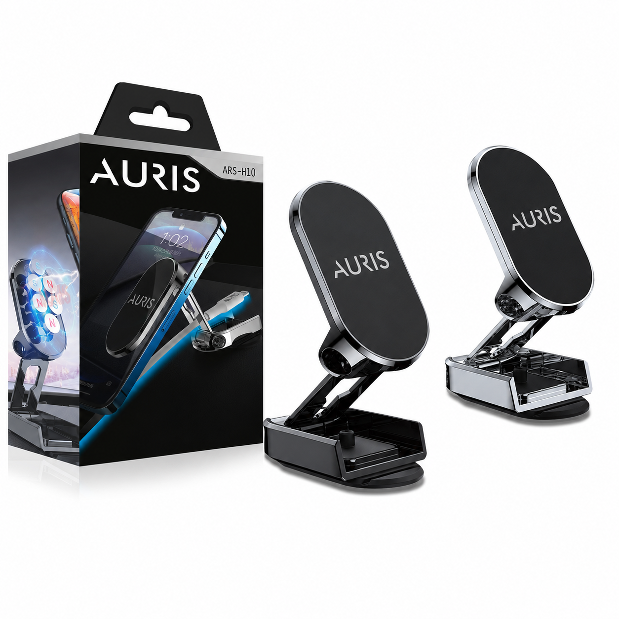 AURIS ARS-H10 Çift Katlanır Mıknatıslı Yapışkanlı Araç İçi Telefon Tutucu