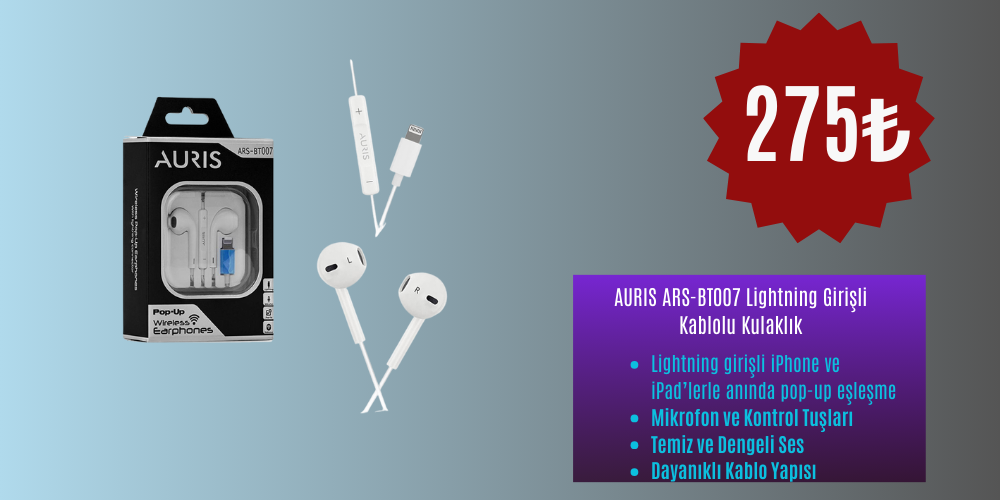 AURIS ARS-BT007 Lightning Girişli Kablolu Kulaklık