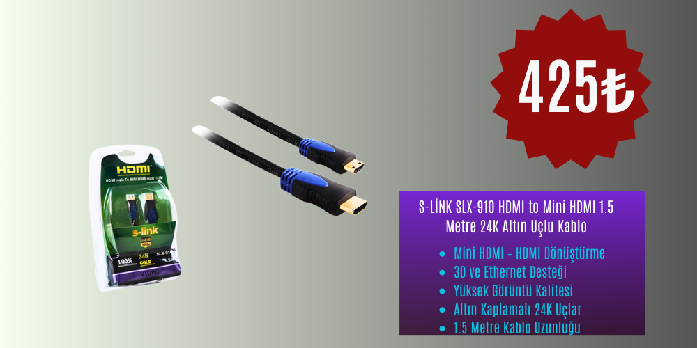 S-Link SLX-910 HDMI to Mini HDMI 1.5 Metre 24K Altın Uçlu Kablo